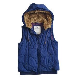 Y2k American Eagle Vest Fur Hood Dark Blue Puffer - Size Medium